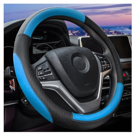 JNNJ Steering Wheel Cover Car, Steering Wheel Cover Leather 37-38cm, Sport Anti-Slip Breathable Steering Wheel Cover, Comfortable Protective Interior Accessories for Women Men(Black/Blue)