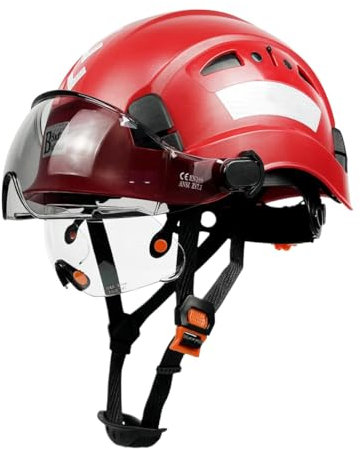 Industrial Safety Helmet with Build-in Visor ABS Hard Hat with Visor Adjustable Ventilation Hardhats Construction Head Protection (Red)