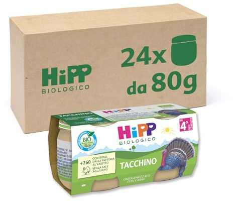 HiPP - Omogeneizzato di Carne Biologico per Neonati, Gusto Tacchino, Senza glutine, Senza Sali e Aromi Aggiunti, Carne Bio, 24 Vasetti da 80 g