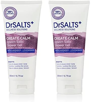 DrSALTS+ Calming Therapy Shower Gel with Epsom Salts, Lavender and Lemongrass Essential Oils, 200 ml (Pack of 2)