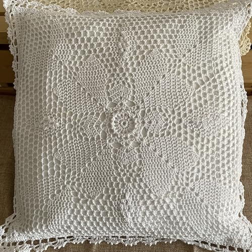 MINDPLUS Funda de cojín de algodón con encaje de ganchillo a mano, funda de almohada decorativa hecha a mano, 15.7 x 15.7 pulgadas, patrón floral, estilo rural vintage (A blanco)