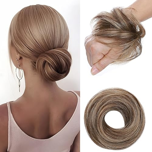 Elailite Hair Buns Real Remy Human Hair Scrunchy Updo HairPiece Extensions Donut Chignons Straight - Mix #4/27 Medium Brown & Dark Blonde