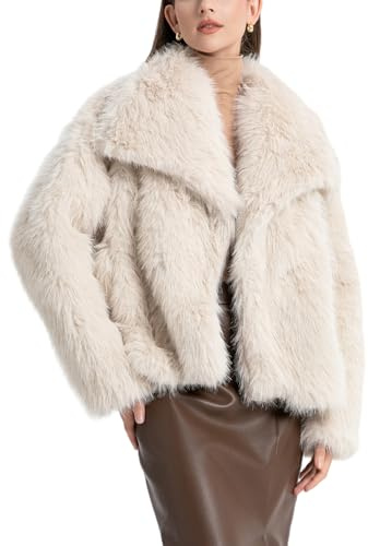 Sukany Women's Winter Faux Fur Fleece Cropped Jacket Long Sleeve Button Up Lapel Fluffy Warm Outerwear Coat Beige S