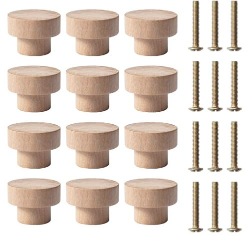 Jinsion 12 Piezas Pomos de Madera con Tornillos y Destornillador Redondos Pomos 25 x 35 mm Pulido Liso y Seguridad para Niños para Cajones Armarios Cocina Dormitorio Aparador Muebles