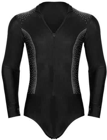 Sxiwei Herren Glitzer Leotard V-Ausschnitt Langarm Latein Hemd Einteiler Turnanzug Latein Tango Ballsaal Tanz Kostüm Schwarz XL