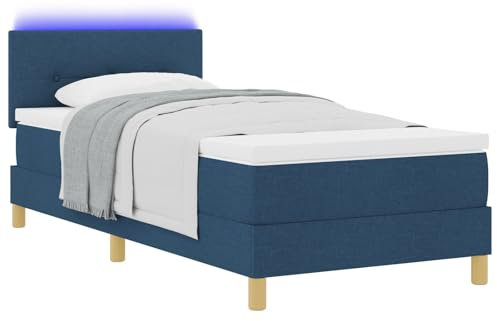 vidaXL Boxspring säng med madrass och LED blå 100X200 cm tyg modern design för vuxensovrum andningsbart polyester robust träram. Möbel topp foam pocket madrasser