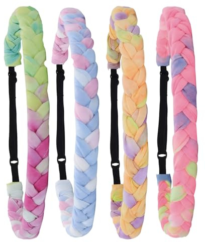 MOTIBACK 4 Pack Adjustable Braided Headbands - Rainbow Tie Dye Hair Bands for Girls 4-6, Kids & Women, Soft Stretch Fabric Hair Accessories