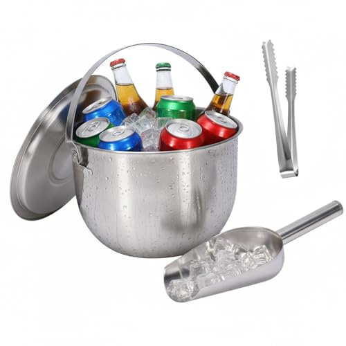 Qinpufu Ice Bucket with Lid, Scoop and Tongs, Champagne Buckets, Wine Chillers, Beverage Tub with Handles, Ideal for Parties, Bar, Pool, Beach and Home, Indoor＆Outdoor Use, Large Capacity, Silver