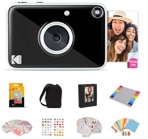 KODAK Printomatic+ 10MP Färg-Immediatekamera Presentpaket med Väska, Zink 2x3” 20 ark, Album, Klistermärken och Pennor – Svart