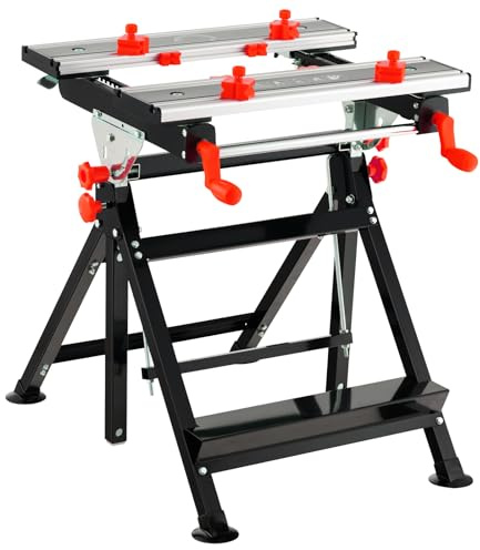 GiantexUK Folding Workbench, 7-level Adjustable Work Table with Tiltable Platform and 8 Sliding Clamps, Heavy Duty Workstation for Workshop Garage (Black + Red)