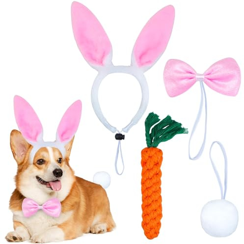 Cerchietto Orecchie da Coniglio Pasquale per Cani, 4 Pezzi Accessori per Costumi da Cane con Fascia Capelli Orecchie da Coniglio, Papillon, Coda, Giocattolo Carota per Carnevale Pasqua Cosplay (Rosa)
