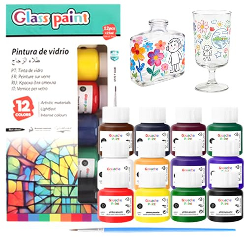 Onperpoe 12 Colours Glass Paint, 300ml Vivid Stained Paints for Glass Painting, Acrylic Painting Kit with Brush, Waterproof Paint for Glasses Wine Bottle Window DIY Crafts Decor Art