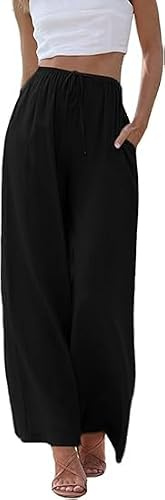 Omoone Pantalon Palazzo en coton et lin avec cordon de serrage pour femme | Coupe ample, taille haute élastique, poches latérales, léger, adapté à la maternité, plage, bureau, vêtements d'été