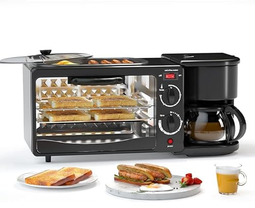 Estación De Desayuno 3 En 1, Máquina De Desayuno Con Cafetera, Horno De 9l, Sartén Con Control De Temperatura Y Temporizador, Para Desayuno Todo El Día