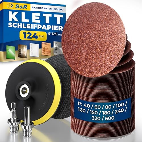 S&R Carta Vetrata Professionale 125mm. Set 120 Dischi Abrasivi 125 mm Grana 40 60 80 100 120 180 240 320 600 Dischi Levigatrice orbitale e smerigliatrice. kit con 2 Platorelli e 2 Adattatori M14