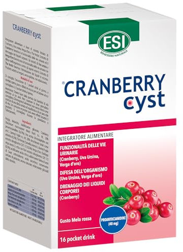ESI - Cranberry Cyst, Integratore Alimentare con Uva Ursina, Utile per la Funzionalità delle Vie Urinarie e per la Difesa dell'Organismo, Senza Glutine e Vegano, 16 Pocket Drink