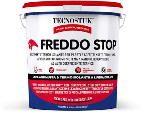 TECNOSTUK Freddo Stop 2,5 L. – Rivestimento Termico Isolante con Nano-Reticolo Siliceo – Barriera Contro il Freddo per Pareti e Soffitti – Pronto all’Uso, Classe A+, Brevetto Italiano