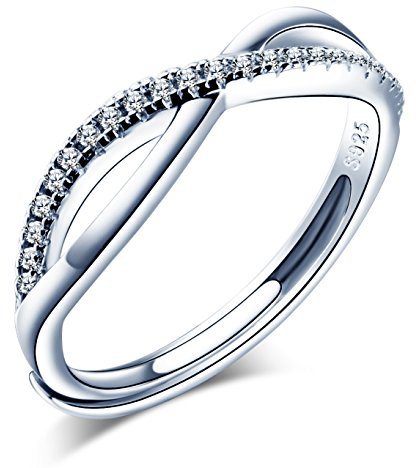 Infinite U Anillo de compromiso de plata de ley 925 con circonita cúbica de doble línea para mujeres/niñas, tamaño ajustable 5.5-7.5