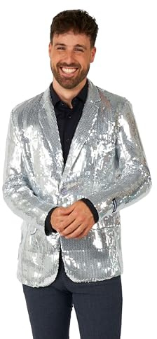SUITMEISTER Blazer de fête à Paillettes pour Homme - Coupe ajustée - Brillant Noël - NYE - Veste de fête de Bal, Paillettes argentées, Taille S