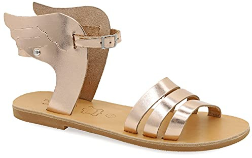 Emmanuela - Sandalias de cuero griego antiguo con correa de hebilla ajustable, zapatos de verano hechos a mano de calidad para mujer, sandalias boho chic, tiras con alas de oro rosa, Rose gold, 36 EU