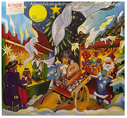 Knox Räucherkerzen Adventskalender – Motiv: Weihnachtsmarkt - mit 24 himmlischen Räucherkegeln in Größe M – Querformat Maße: 26x24 cm – für Räucherfiguren ab 13 cm - Made in Germany