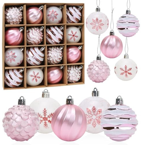 Palline di Natale Rosa, 16pcs Palline per Albero di Natale 6cm, Palle di Natale Rosa Bianco Plastica con Gancio, Ornamenti Natalizi per Addobbi Albero di Natale Decorazioni