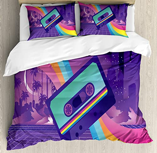 Ambesonne Synthwave Duvet Cover Sets, Old Cassette Tape and Rainbow Rays Over a Southern City with Palms, Bedding Set with 2 Duvet Covers & 4 Pillowcases, 2 Pack Queen Size, Indigo and Multicolor