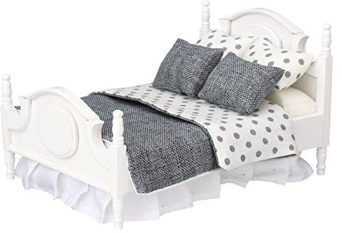 Dollhouse White Queen Bed for 6 Inch Dolls, Mini Wooden Bed with Gray Bedding, Realistic Bedroom Accessories, 1:12 Scale