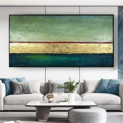 KADING Quadro su tela astratto da parete: grande dipinto a olio dorato e verde su tela decorazione artistica da parete stampa moderna decorazione domestica 85x165 cm (34x65 pollici) con cornice