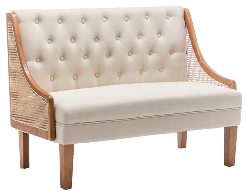Yongqiang Modern Settee with Back Small Loveseat Sofa Rattan Upholstered Dining Banquette Seating for Kitchen Dining Room Living Room Linen Button Tufted Mini Couch