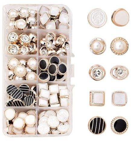 NIYATA 100 Pcs Sew-in Faux Pearl Buttons, Diamante and Small Black Buttons for Cardigans, Shirts, and Craft Projects - 10mm White and Gold Included