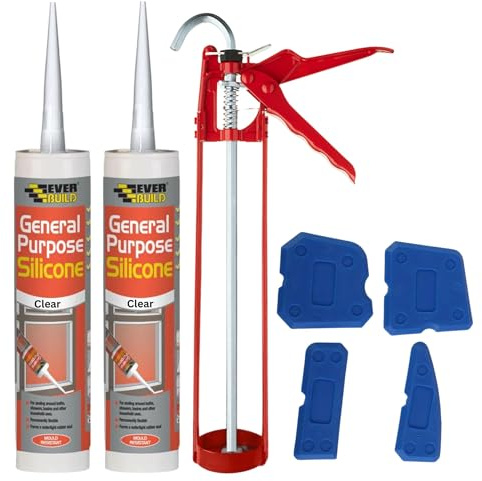 Clear Silicone Sealant Anti Mould Kit - Bundle with 11 Inch Caulking Gun, 2X General Purpose Waterproof Clear Silicone Sealant and Silicone Tool Smoothing Set