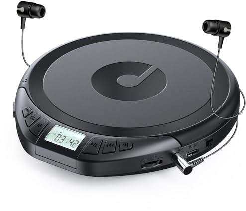 Gueray CD Player Portable CD Dsicman: with Earphones for Car with Anti-Skip Shockproof with LCD Display Support PROG Memory Repeat Function (Black)