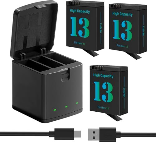 3-Packs Hero 13 battery charger kit 2800mAh replacement batteries type-C LED three-channel charger for Hero 13 Black fully compatible with original (3 pieces battery + 1 piece charging compartment)