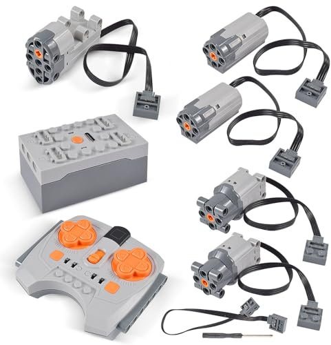 AUEJACKY Power Functions Set, 8-Teiliges Elektrisch Spielzeug Motor, Power Funktion Zubehör mit Motor, Fernbedienung, Batteriebox, Servomotor, Extension Wire mit Vielen Modellen