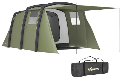 Outsunny Inflatable 3-4 Man Tunnel Tent w/Air Pump, Living Area & Vestibule, Waterproof Family Camping Air Tent w/Sewn In Groundsheet & Removable Footprint for Camping, Hiking, Olive Green