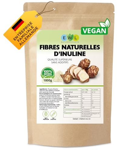 EWL Naturprodukte Inulina 1800 g, Inulina en Polvo procedente de la Raíz de Achicoria, Fibra Dietética en Polvo, controlada y envasada en Alemania, Calidad comprobada en Laboratorio, vegana