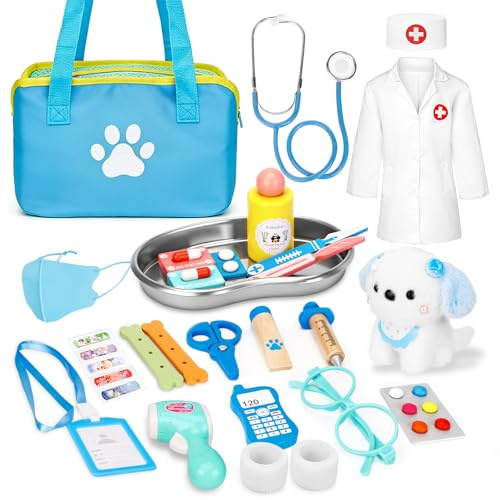 BBWELL Valigetta Dottore Bambini,Kit Veterinario Bambini Giocattolo,Kit Dottoressa Bambina con Peluche Cane Giochi Vero Stetoscopio,Camice da Medico,Giochi di Ruolo per Ragazze e Ragazzi di 3+ Anni