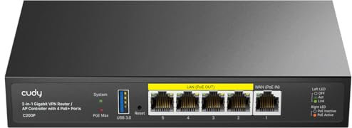 Cudy Controlador AP de hardware C200P y enrutador VPN, alimentado por PoE o CC, administra hasta 200 AP, portal cautivo, puerto USB 3.0, monitor de red fácil e inteligente y mantenimiento