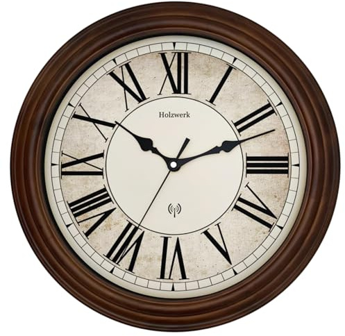 Holzwerk BEDBURG Natur Vintage Retro Holz Funk Wanduhr Holz-Uhr Funkwanduhr mit Römischen Ziffern Funkuhr nahezu lautloses Uhrwerk leise Tickgeräusche Massivholz Natur 14 Zoll 35cm Braun (Braun)