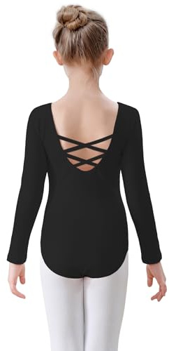 FONLAM Ballettkleidung Turnanzug Mädchen Langarm Balletttrikot Mädchen Gymnastikanzug Ballettanzug Baumwolle (Schwarz, 11-12 Jahre)