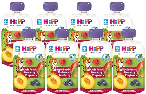 HiPP Biológico - Bolsita Multifrutas - Pouches de Melocotón, Manzana, y Frutos del Bosque BIO - Pack 8x100g - Sin Azúcar Añadido - Apto Para Bebés A Partir de los 4 Meses