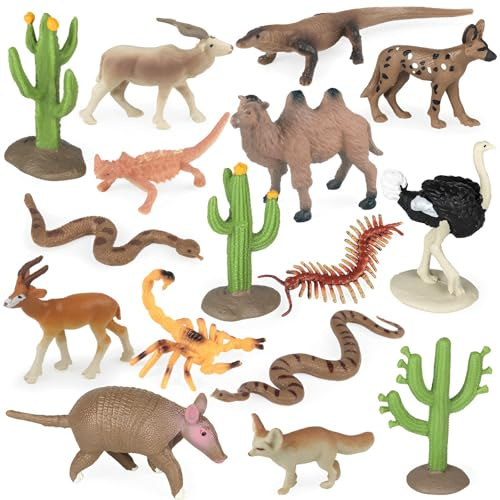JOKFEICE Set di figure di animali del deserto, 16 statuette realistiche della fauna selvatica wz cammello, volpe Fennec, serpente e cactus, progetto scientifico, giocattoli educativi per
