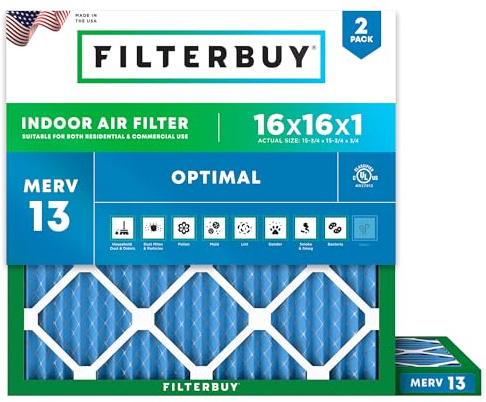 Filterbuy 16x16x1 Air Filter MERV 13 Optimal Defense (2-Pack), Pleated HVAC AC Furnace Air Filters Replacement (Actual Size: 15.75 x 15.75 x 0.75 Inches)