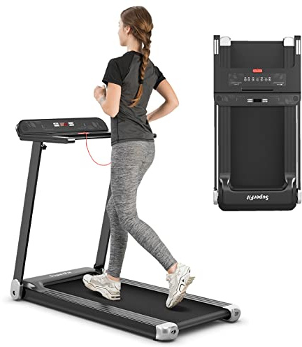 COSTWAY Elektriskt löpband App-styrt | Bluetooth | 3 lägen 12 förinställda program | LED-display | 0-12km/h | hopfällbar | belastningsbar upp till 90kg | inkl. Säkerhetsnyckel (silver)