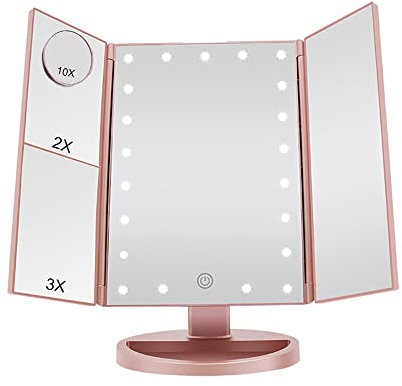 JARAGAR Makeup Mirror with Light, Trifold Vanity Mirror 1x/2x/3x/10x Magnifying Mirror with LED Lights Touch Screen 180 Degree Adjustable Rotation Dual Power Supply Mode