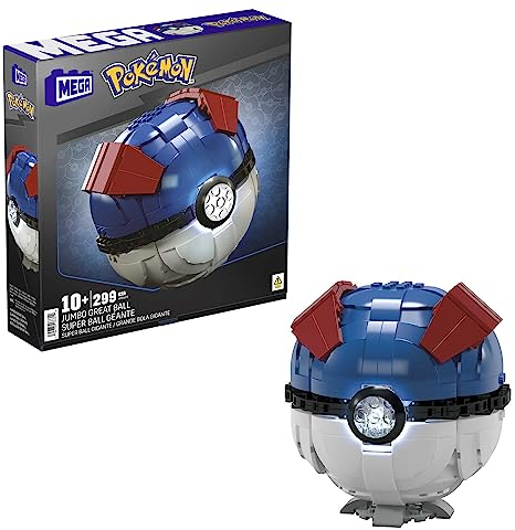 MEGA POKÉMON - Zusammenbaubarer Superball mit Lichtern und Aufstellvorrichtung, 299-teiliges Bauset mit authentischen Details, 12,7 cm groß, für Sammler, HMW04