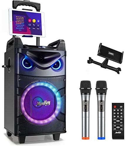 Moukey Karaoke Maschine, Große Karaoke Anlage mit 26cm Woofer & 8cm Tweeter & 2 Mikrofonen, Wiederaufladbarer Bluetooth Lautsprecher mit Lichteffekt Tablettenhalter TWS/Rec/AUX/USB/TF/FM für Party