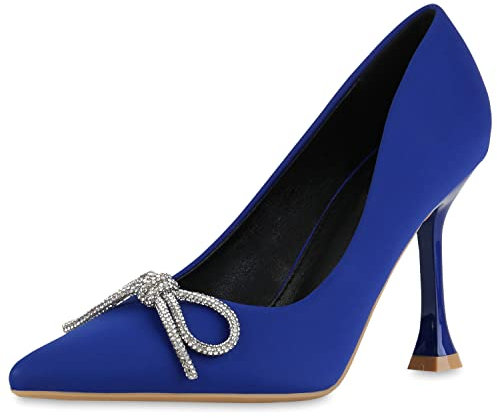 VAN HILL Damen Spitze Pumps Stiletto Schuhe Party Satin-Optik Absatzschuhe Strass Schleifen Freizeit Partyschuhe 210725 Blau 38