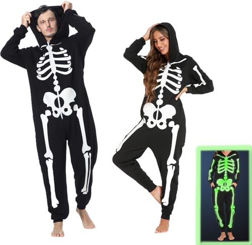 maxToonrain Skeleton Costume Men,Unisex Halloween Onesie Zippered Hoody Couple Onesies Christmas Family Matching Pyjamas Set for Women Men(Women,L)